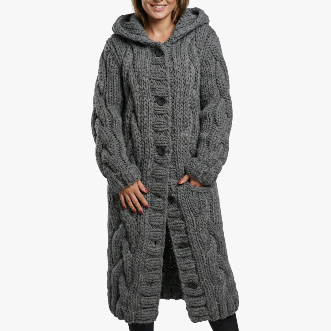 Women's Hooded Longline Coat with Button Closure and Side Pockets