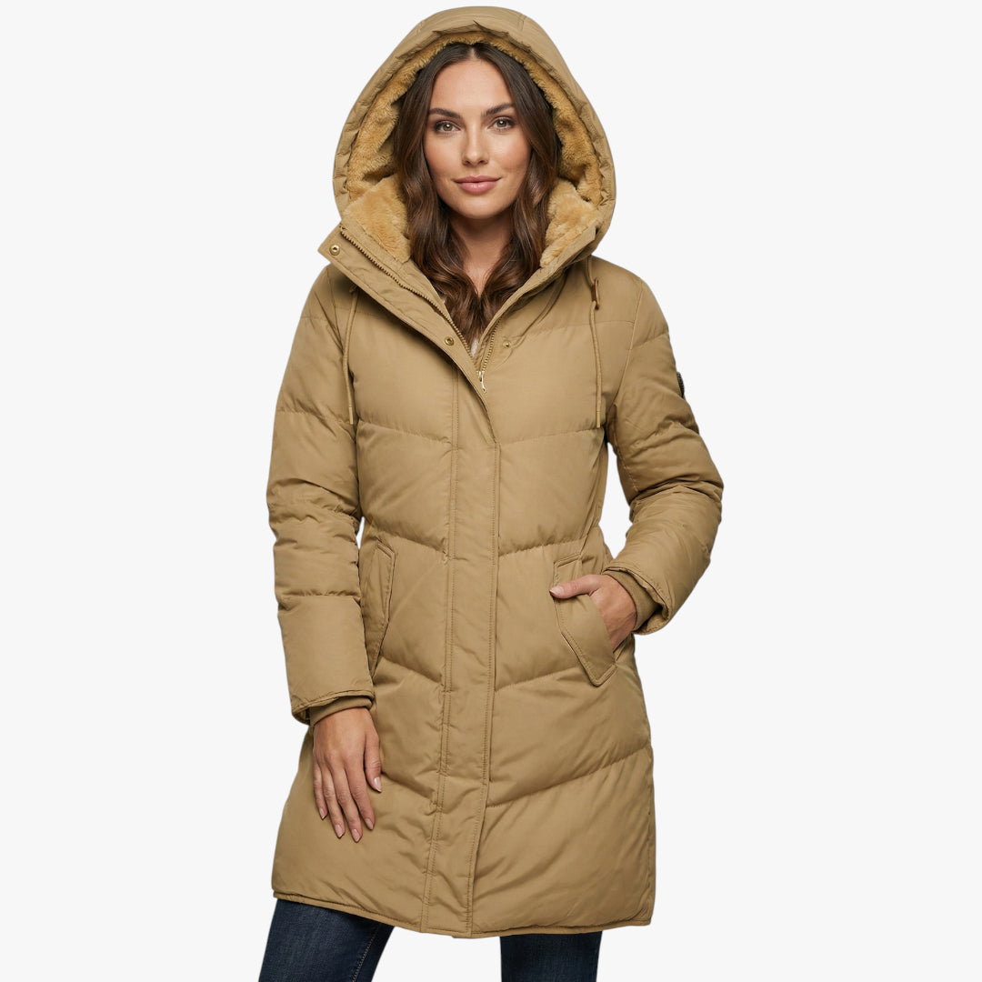 Women's Longline Puffer Jacket with Drawstring Hood and Adjustable Waist