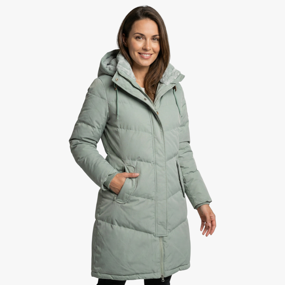 Women's Longline Puffer Jacket with Drawstring Hood and Adjustable Waist