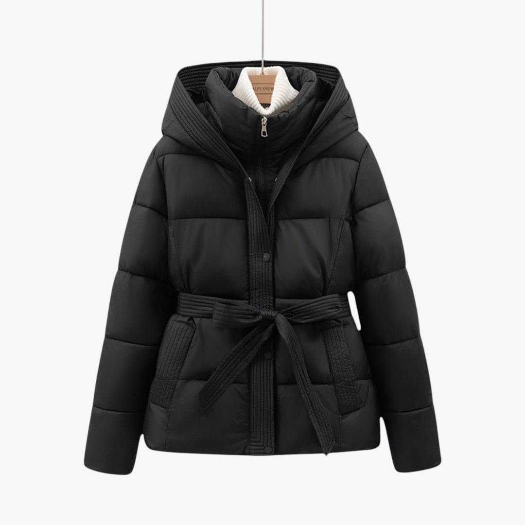 Women's Hooded Puffer Jacket with Removable Belt and High Collar