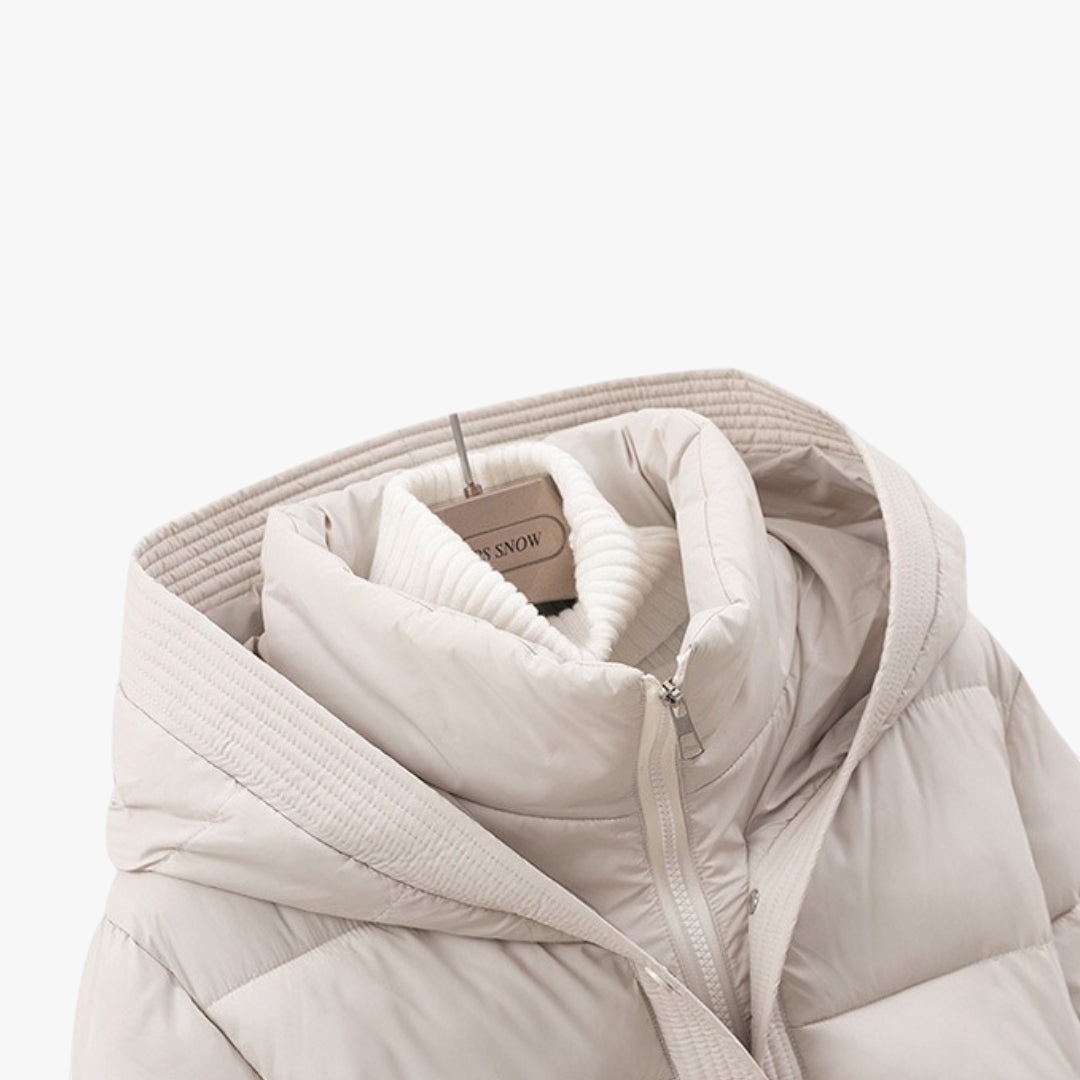 Women's Hooded Puffer Jacket with Removable Belt and High Collar