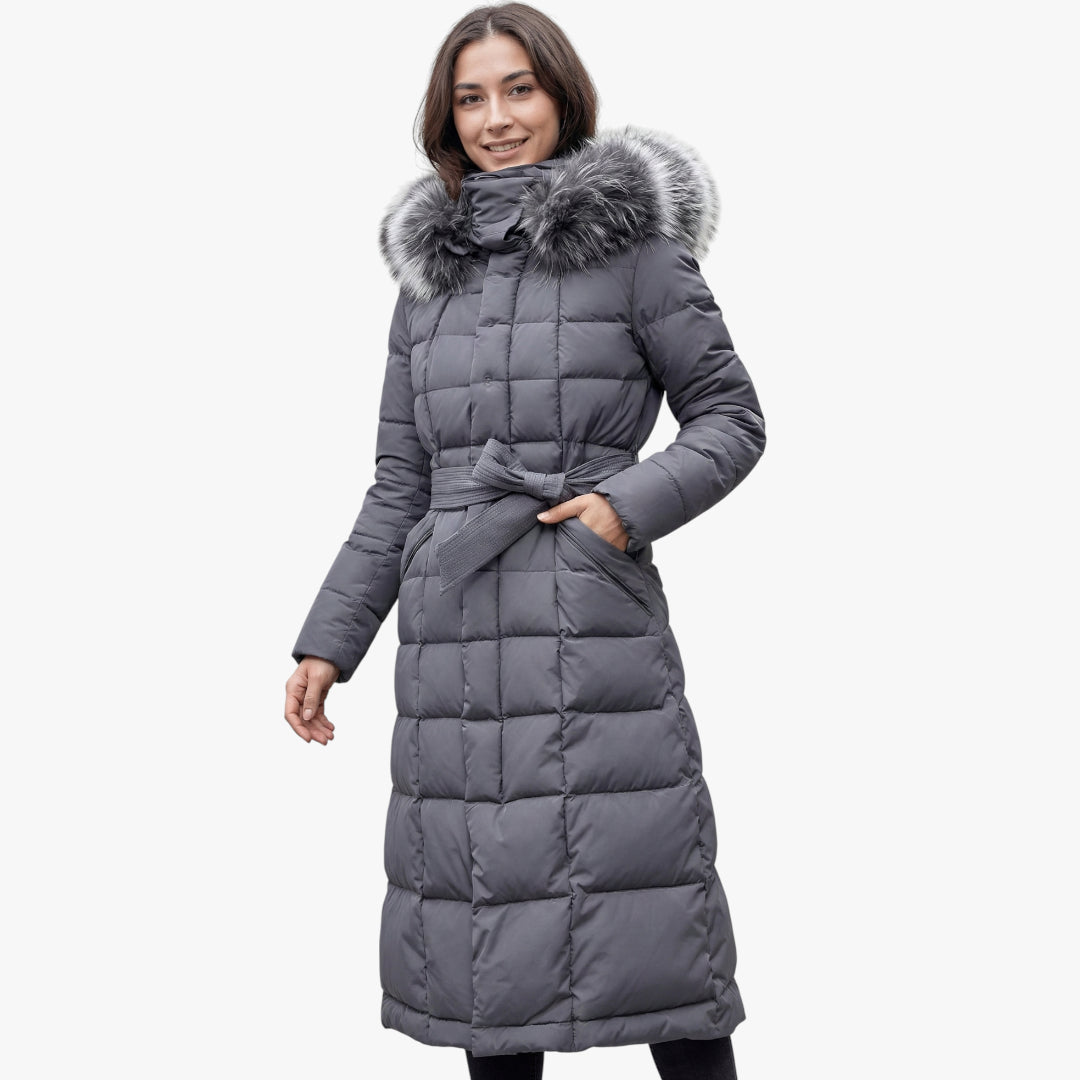 Women's Longline Puffer Jacket with Detachable Hood and Adjustable Waist