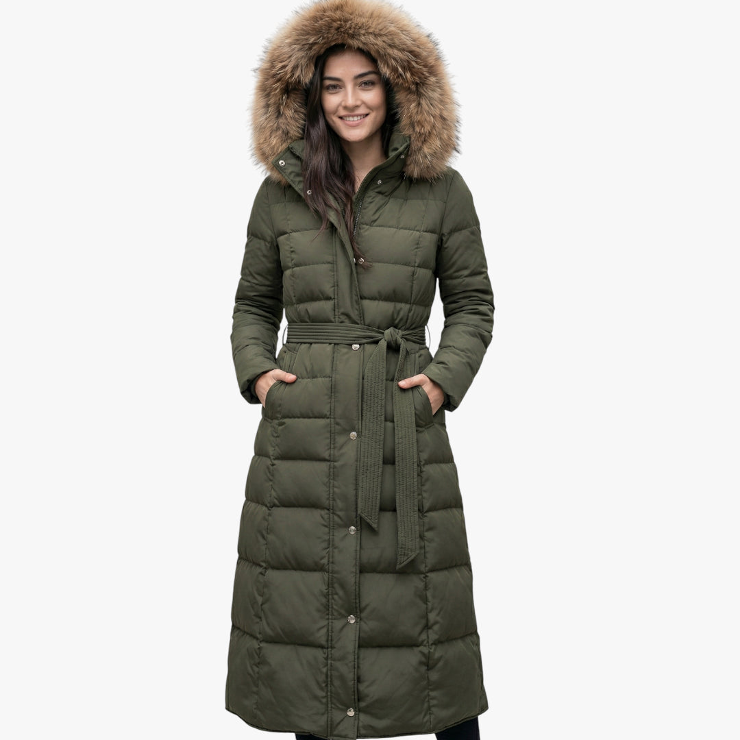 Women's Longline Puffer Jacket with Detachable Hood and Adjustable Waist