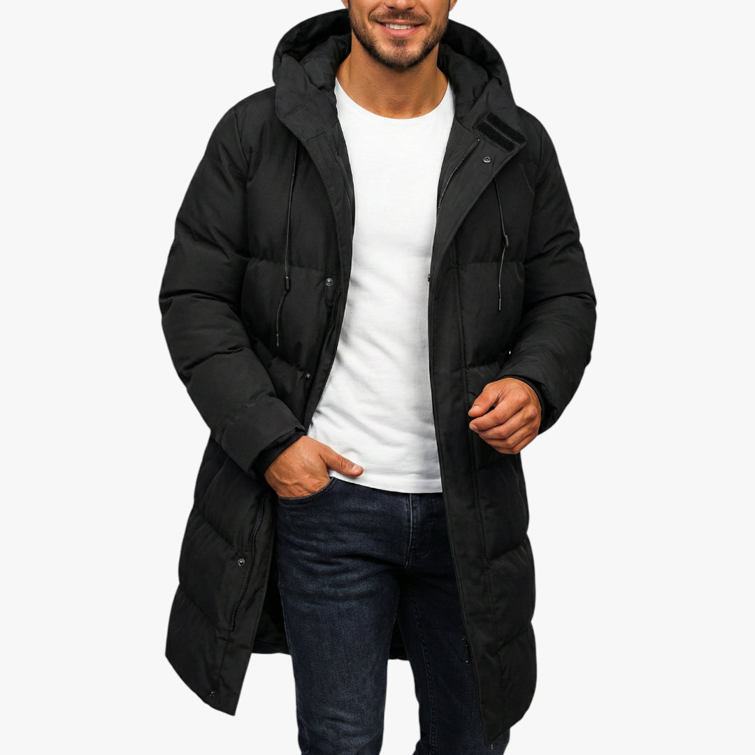 Men's Longline Puffer Jacket with Water-Resistant Shell and Storm Flap