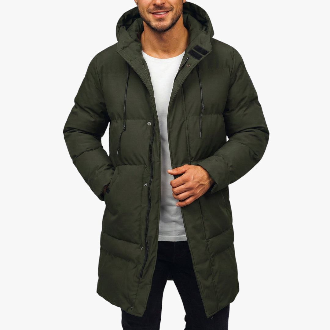 Men's Longline Puffer Jacket with Water-Resistant Shell and Storm Flap