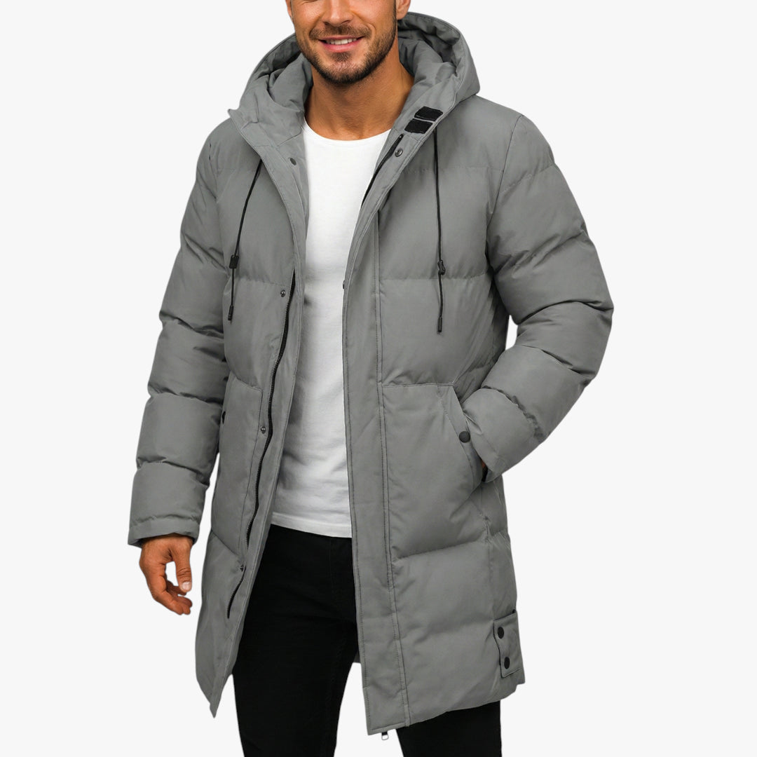 Men's Longline Puffer Jacket with Water-Resistant Shell and Storm Flap