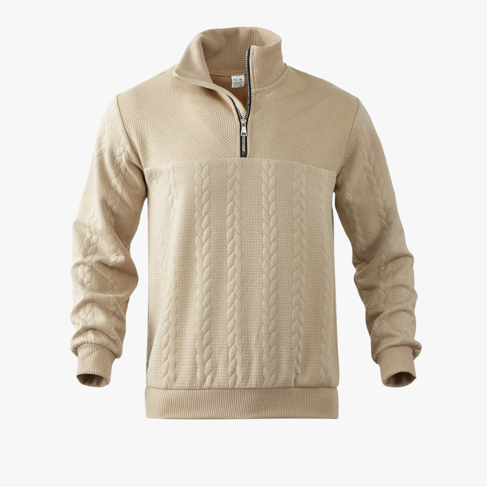 Men's Cable Knit Quarter Zip Jumper with Merino Wool and Ribbed Cuffs