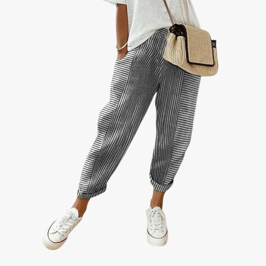 Women's Striped Trousers with Elasticated Waist and Turn-Up