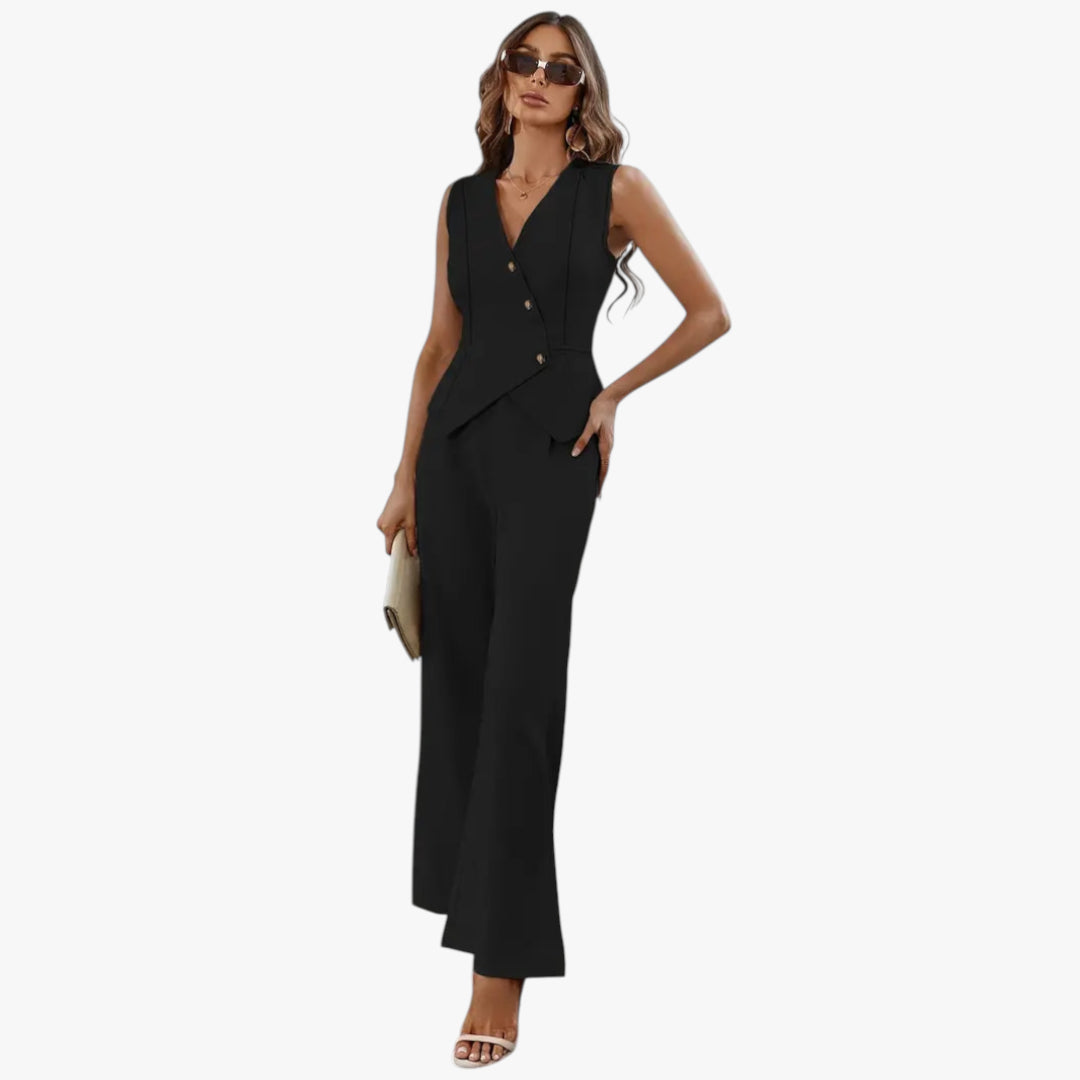 Women's V-neck  Set with Sleeveless Vest and Wide Leg Pants