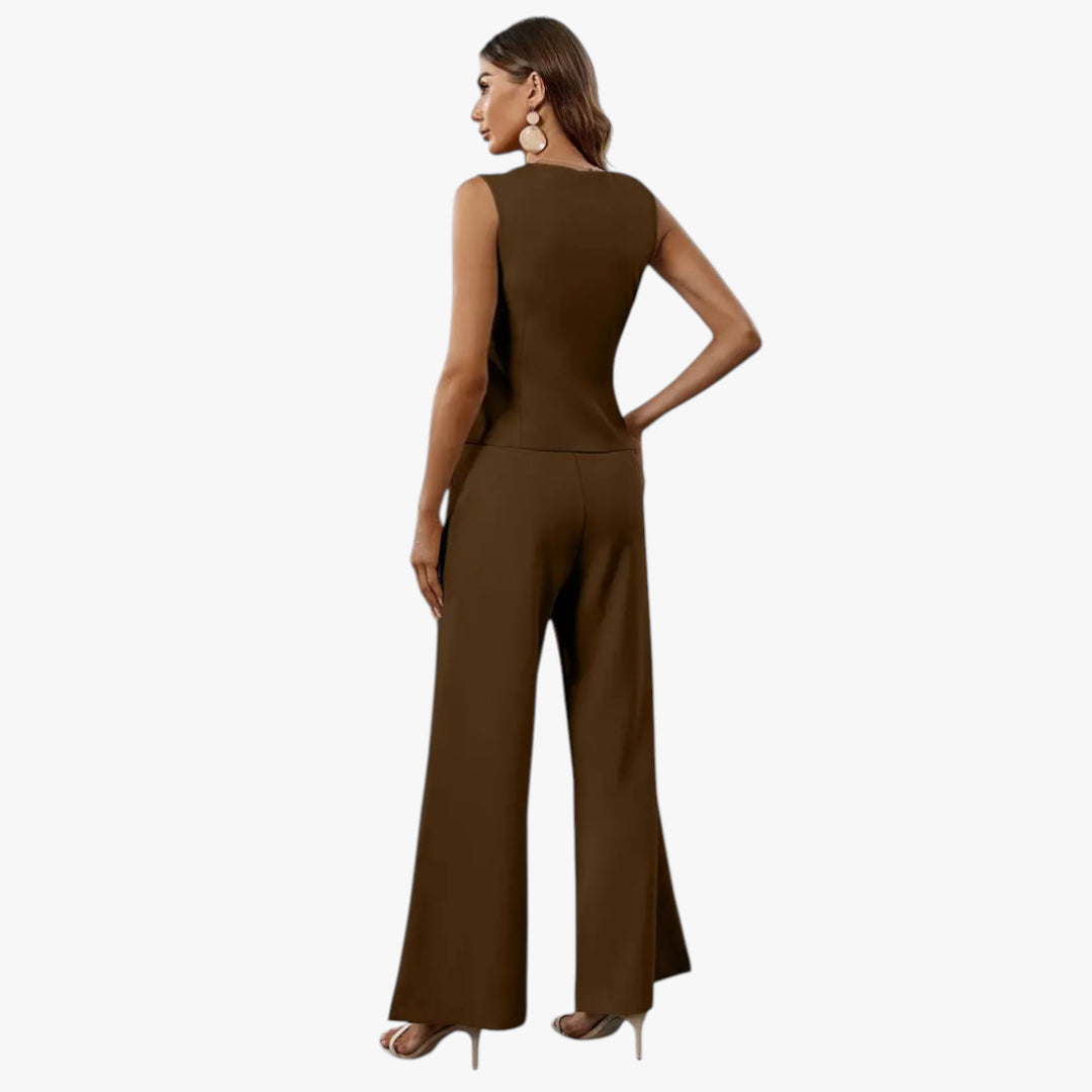 Women's V-neck  Set with Sleeveless Vest and Wide Leg Pants