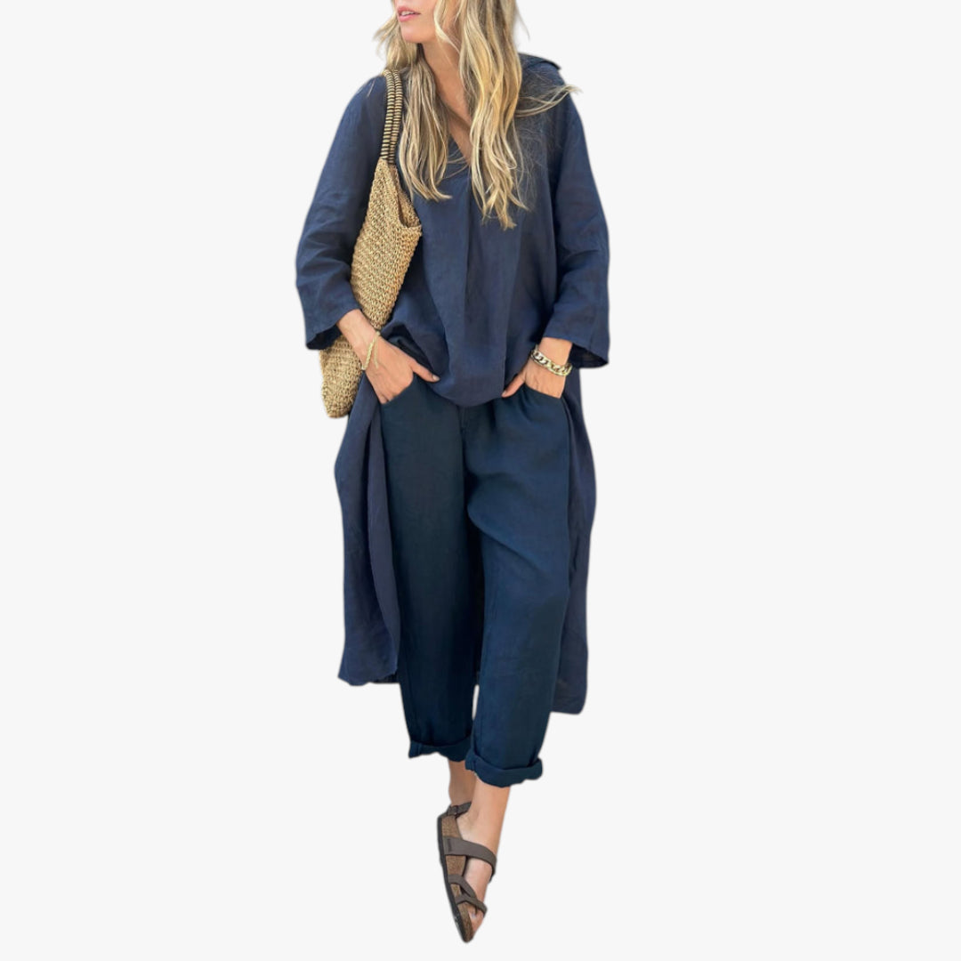 Women's Lightweight Co-ord Set with Relaxed Fit Trousers and V-Neckline