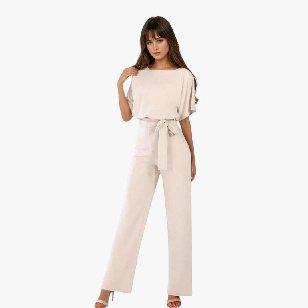 Women's Wide Leg Jumpsuit with Tie Waist and Short Sleeves