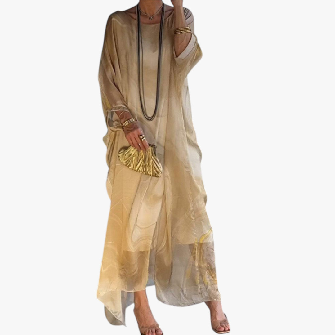 Women's Maxi Dress with Abstract Print and Batwing Sleeves