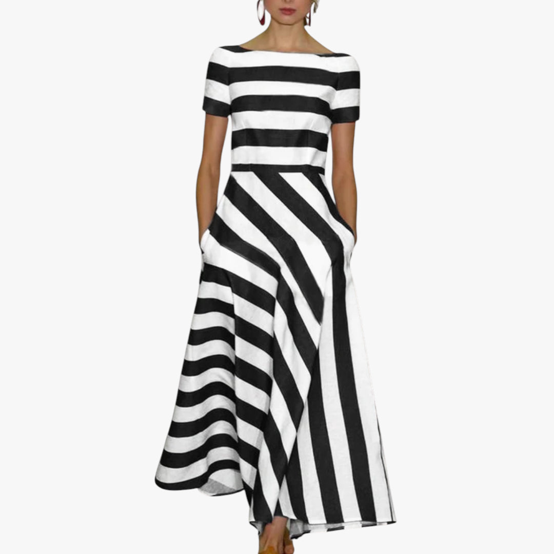 Women's A-Line Maxi Dress with Boat Neck and Side Pockets