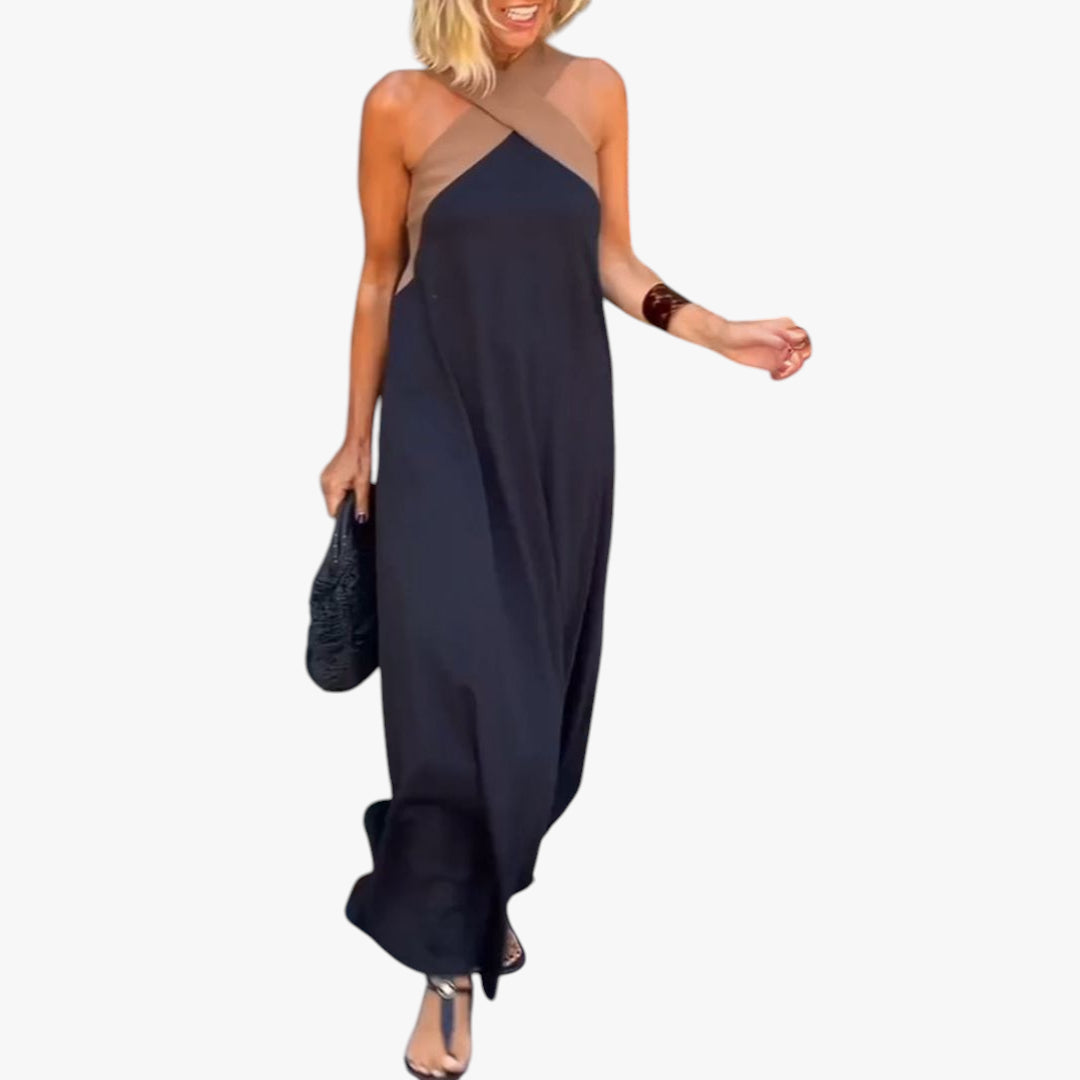 Women's Maxi Dress with Cross Neck and Open Back