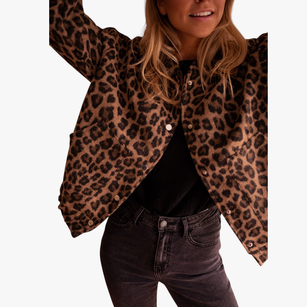 Women's Leopard Print Bomber Jacket with Ribbed Trim and Front Pockets