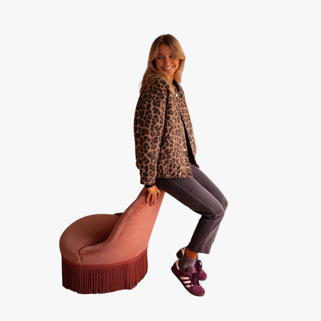 Women's Leopard Print Bomber Jacket with Ribbed Trim and Front Pockets