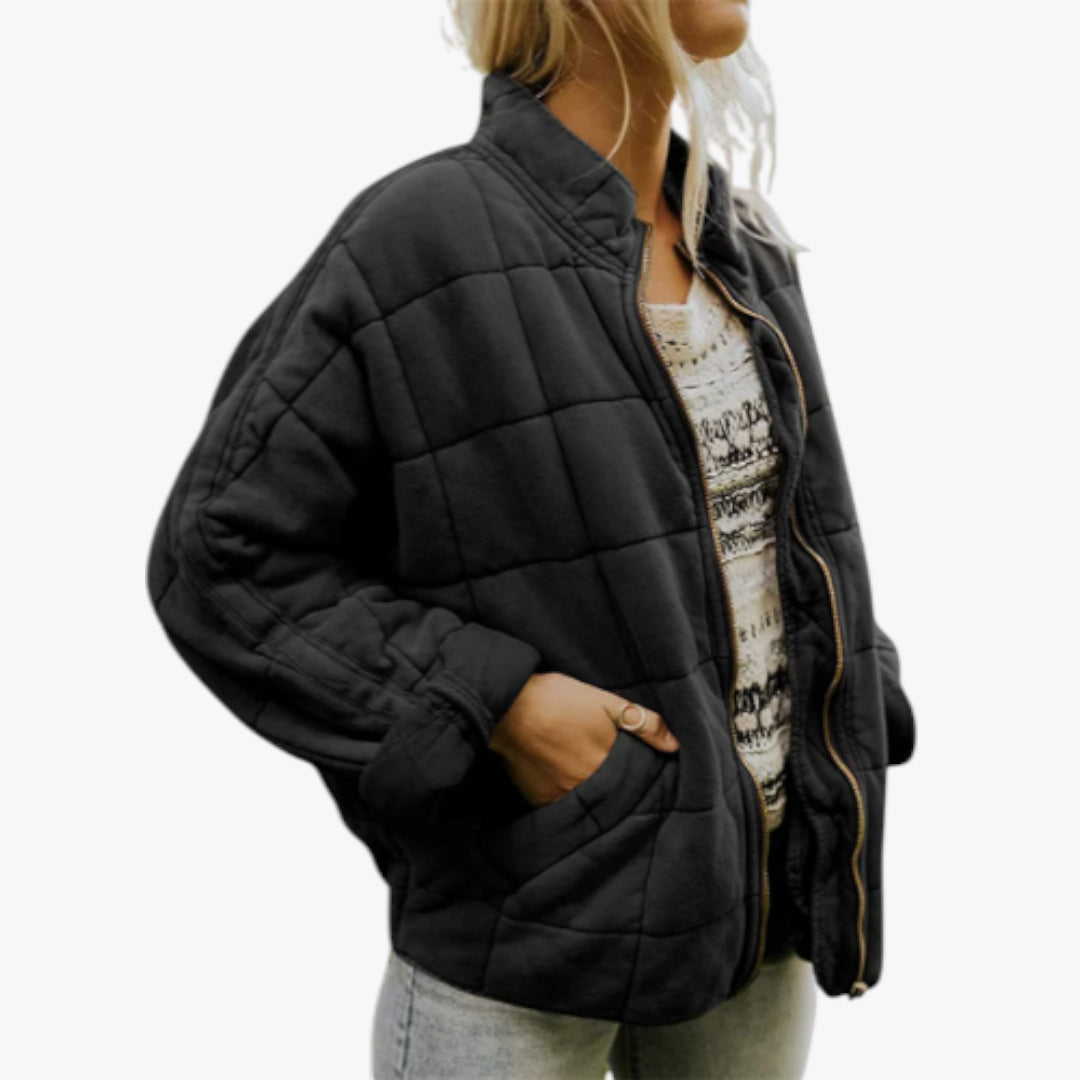 Women's Oversized Quilted Jacket with Zip Up and Funnel Neck