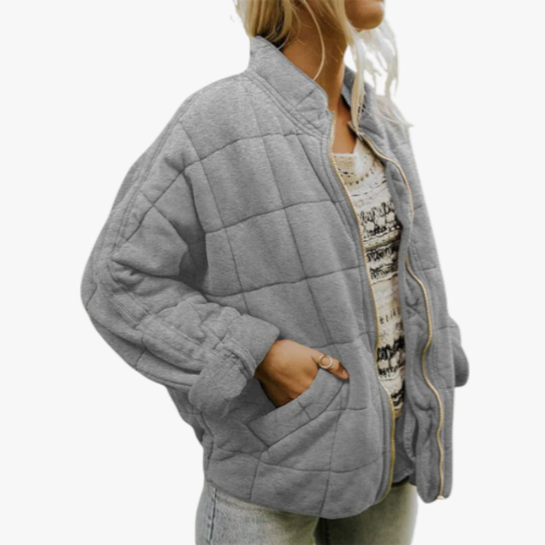 Women's Oversized Quilted Jacket with Zip Up and Funnel Neck