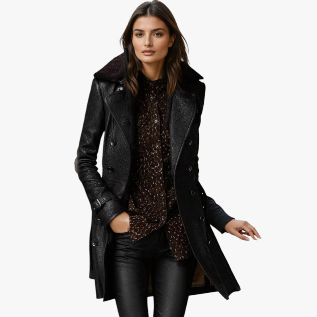 Women's Long Trench Coat with Double Breasted Front and Belted Waist