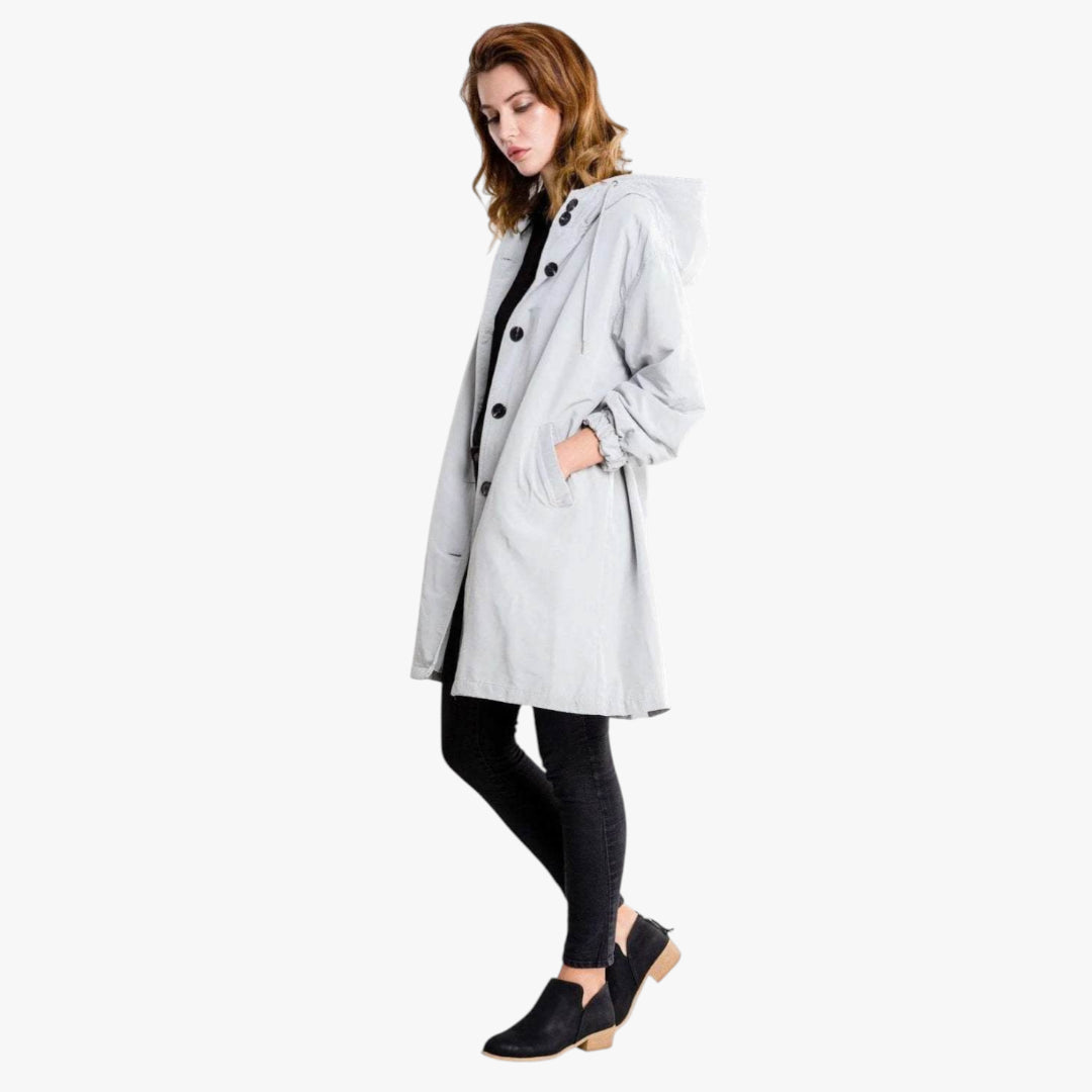 Women's Long Trench Coat with Hood and Zip Up Closure