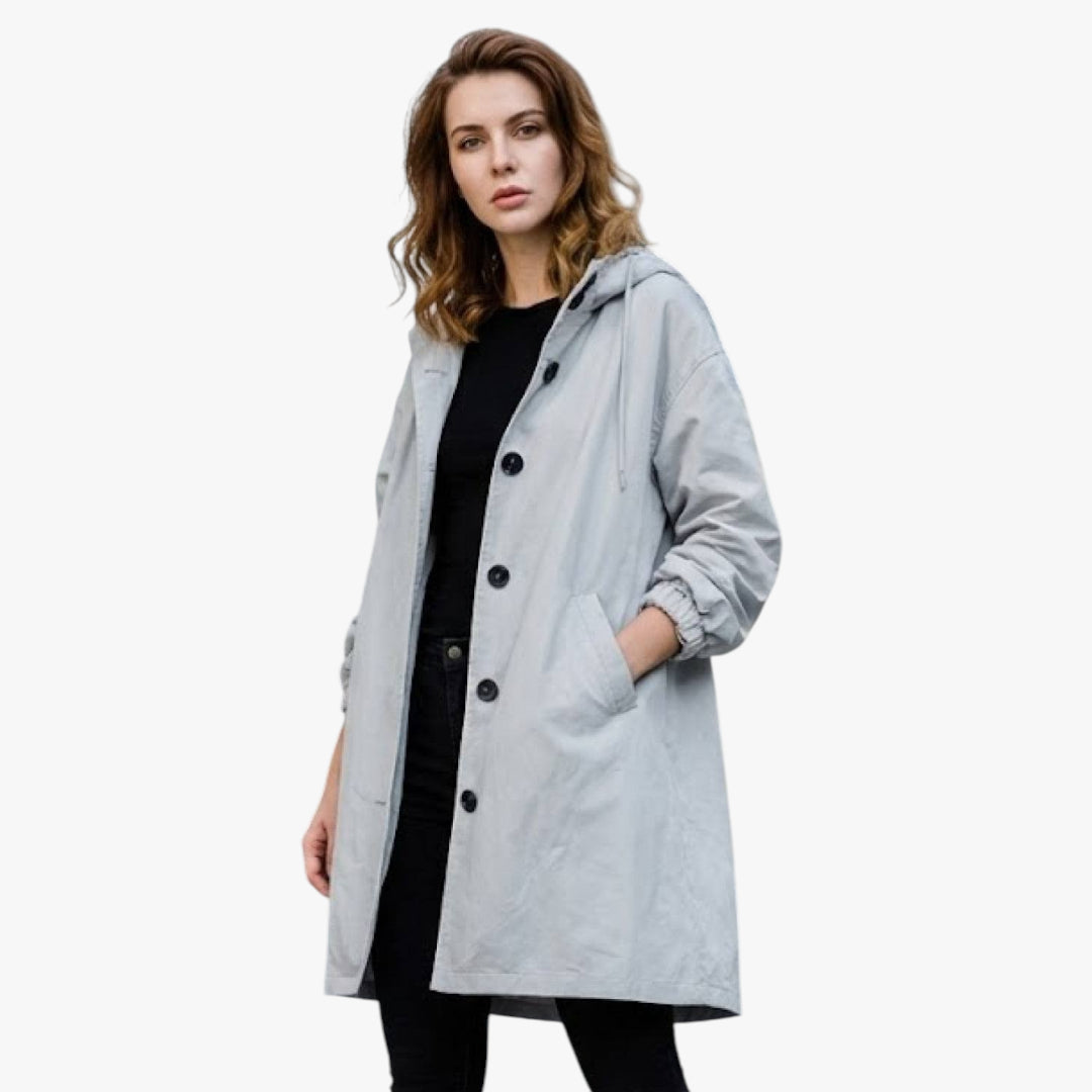 Women's Long Trench Coat with Hood and Zip Up Closure
