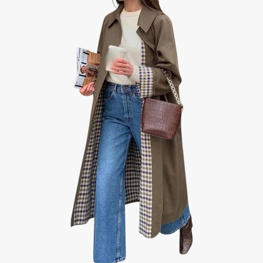 Women's Long Trench Coat with Check Lining and Double Breasted Front