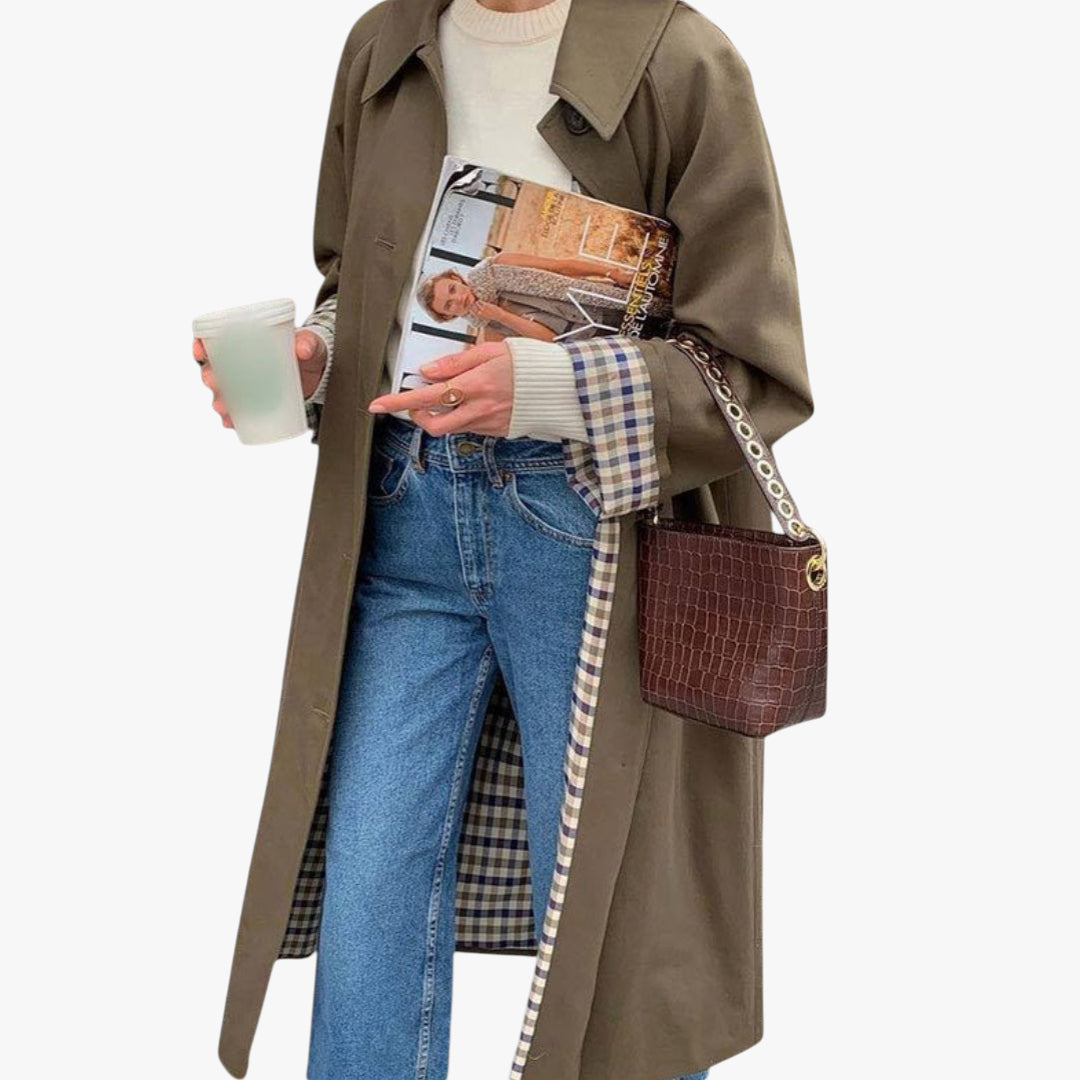 Women's Long Trench Coat with Check Lining and Double Breasted Front