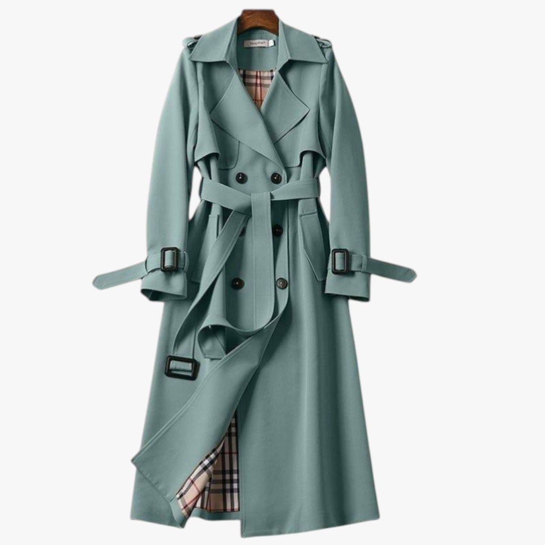 Women's Long Trench Coat with Belted Waist and Double Breasted Front