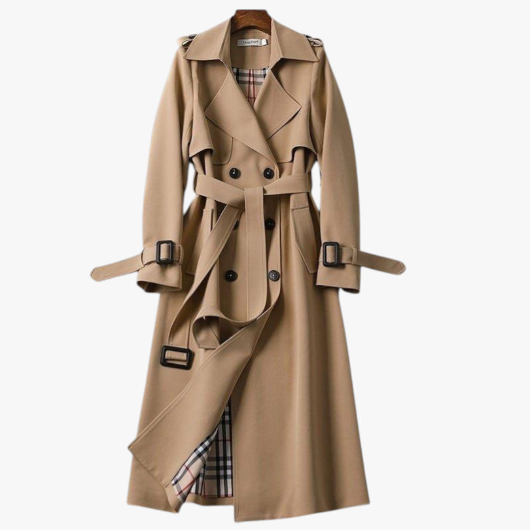 Women's Long Trench Coat with Belted Waist and Double Breasted Front