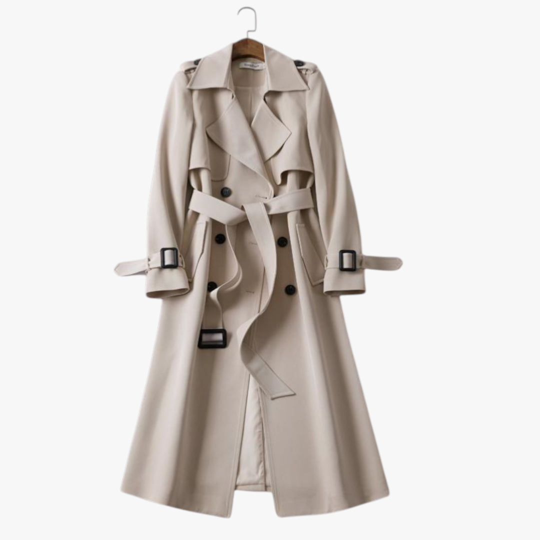 Women's Long Trench Coat with Belted Waist and Double Breasted Front