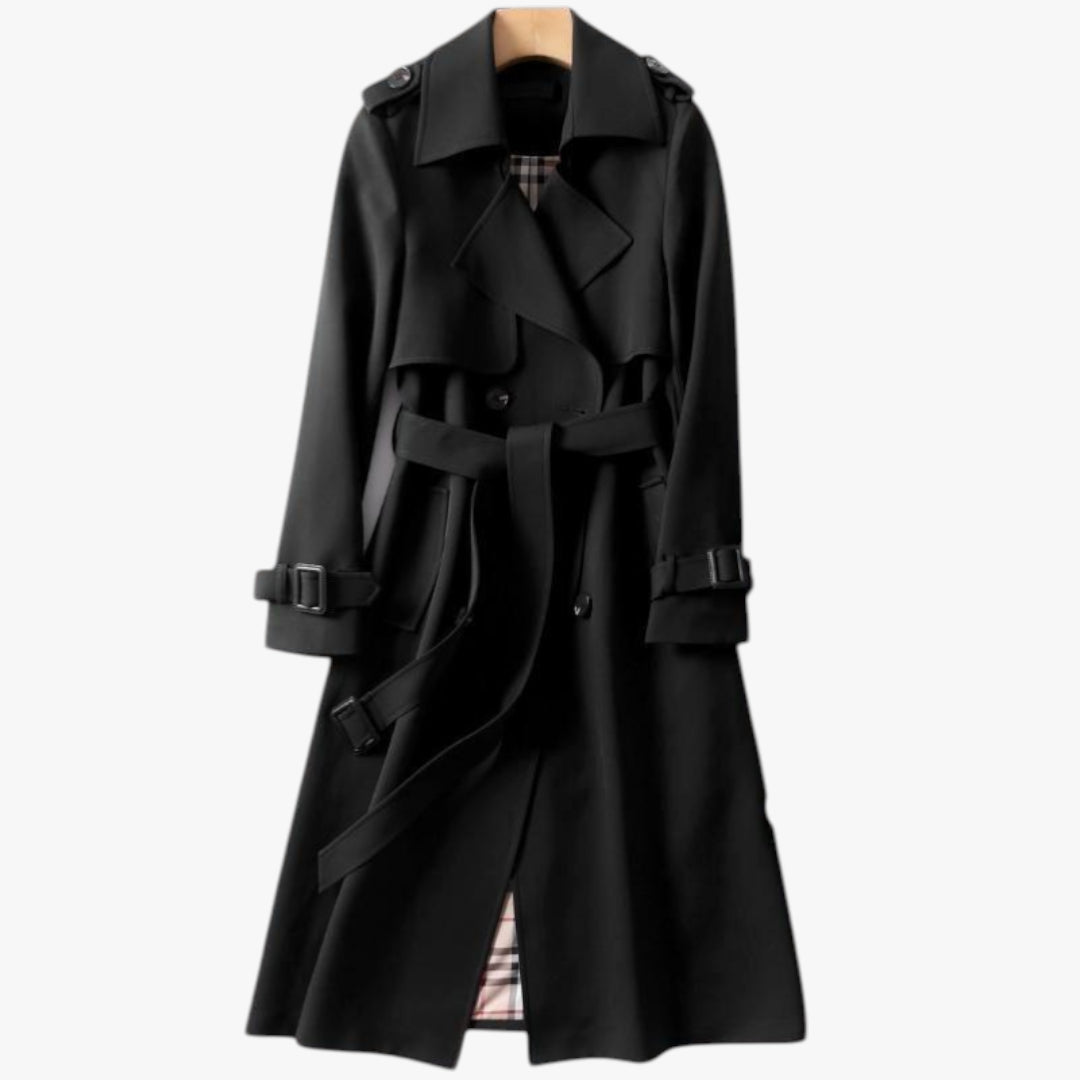 Women's Long Trench Coat with Belted Waist and Double Breasted Front