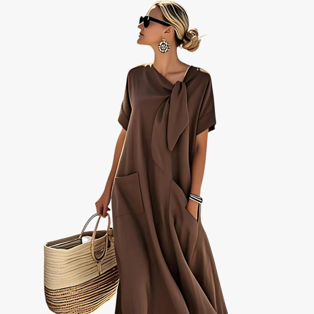 Women's Maxi Dress with Tie Neck and Front Pockets