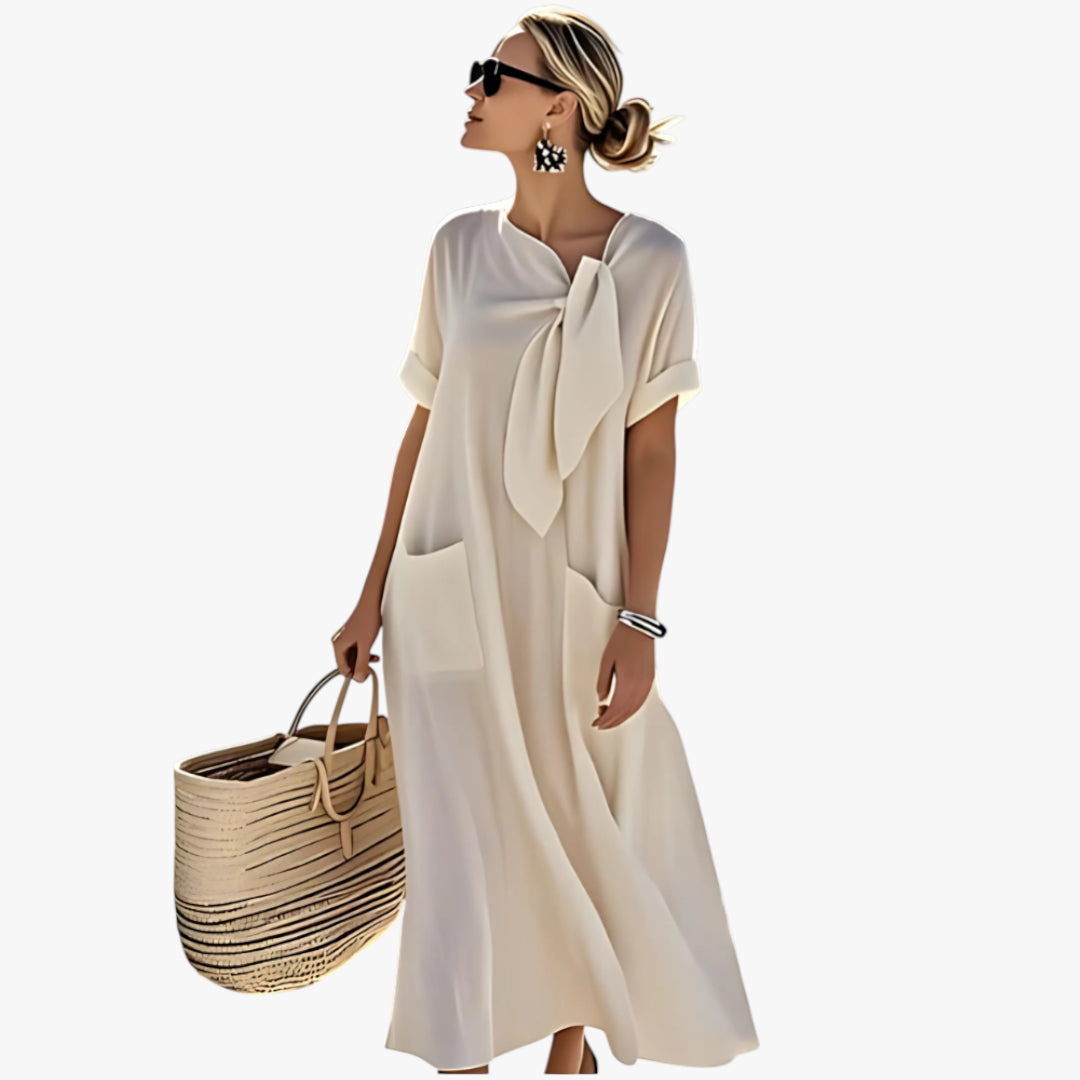 Women's Maxi Dress with Tie Neck and Front Pockets